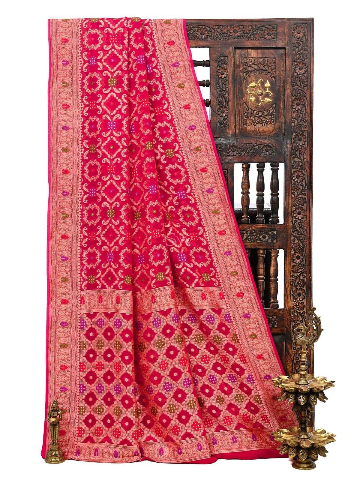 Reddish Pink Meenakari Jaal Khaddi Georgette Handloom Banarasi Saree