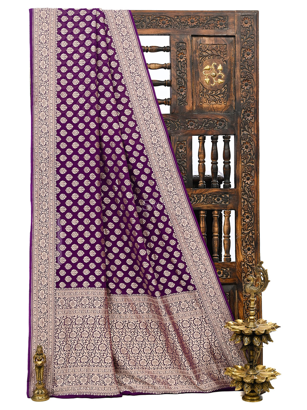 Purple Booti Khaddi Georgette Handloom Banarasi Saree - Sacred Weaves