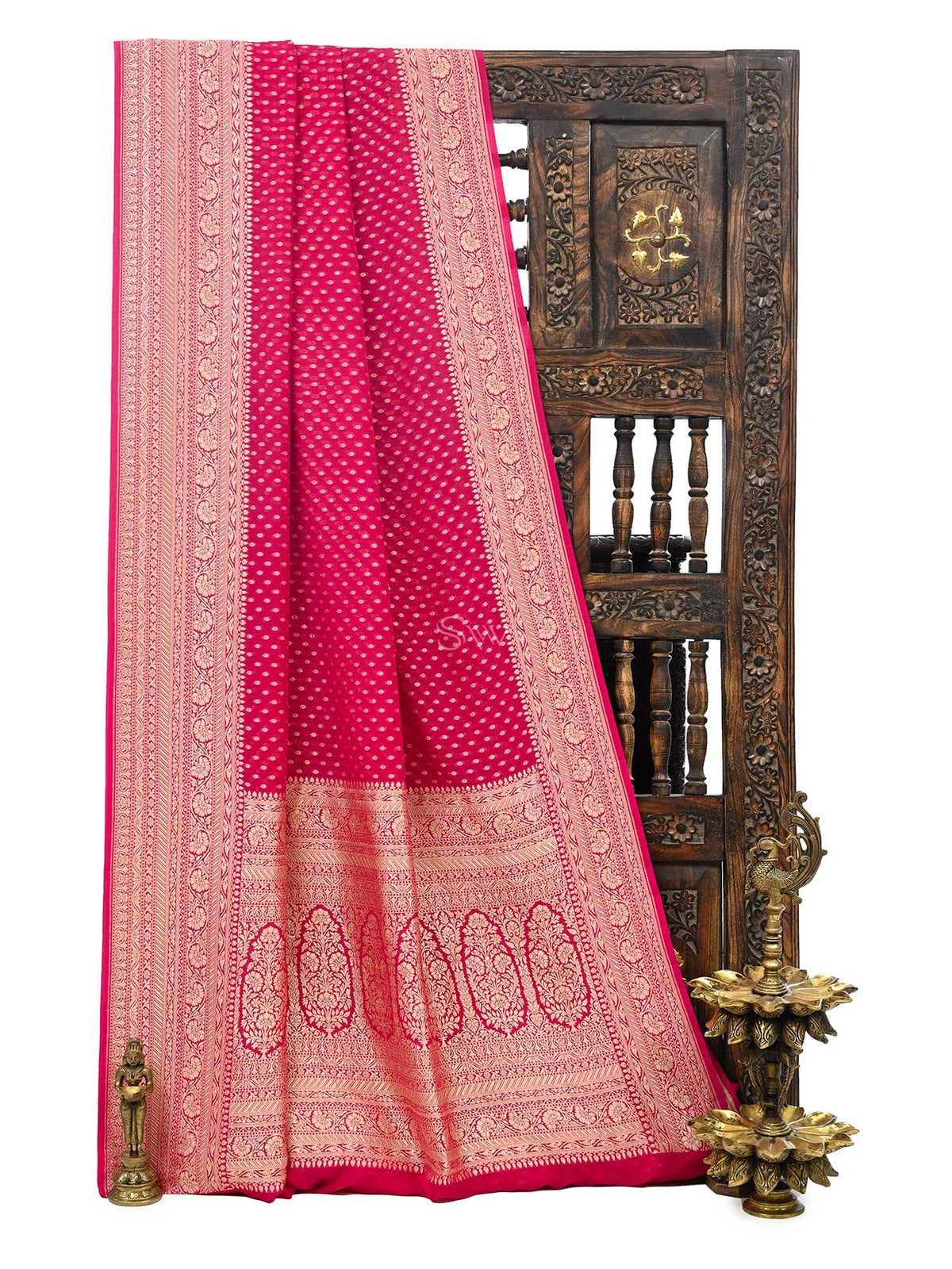 Dark Pink Booti Khaddi Georgette Handloom Banarasi Saree - Sacred Weaves