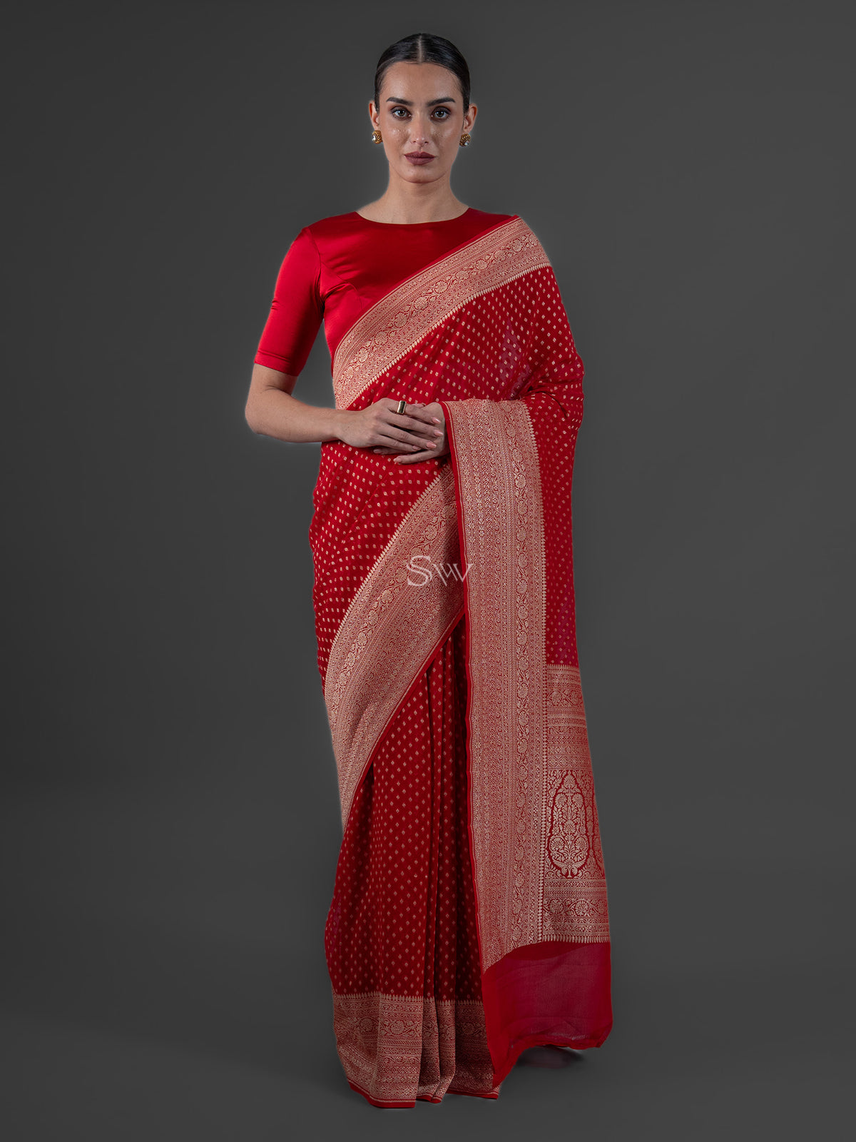 Red Booti Khaddi Georgette Handloom Banarasi Saree - Sacred Weaves