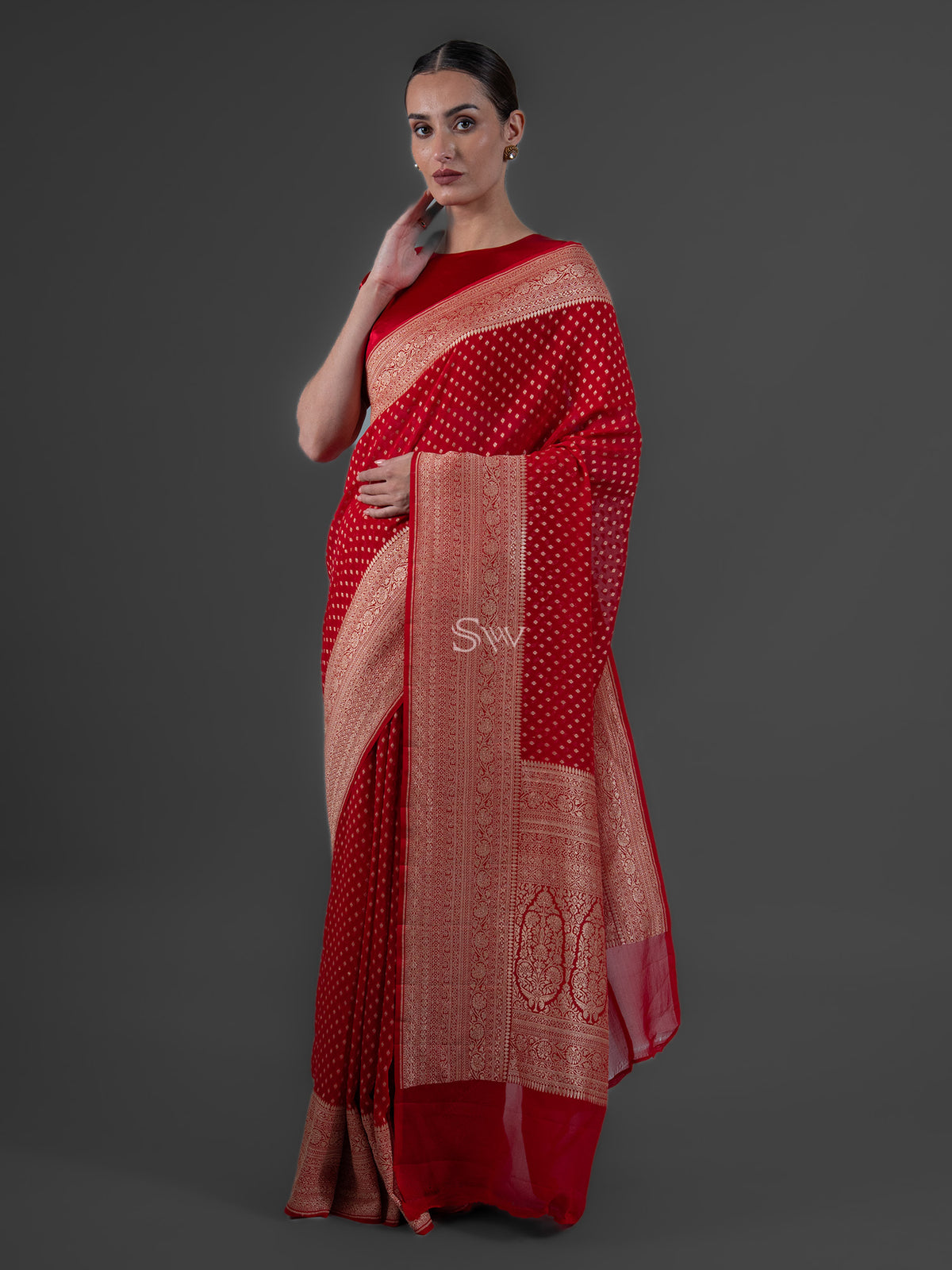 Red Booti Khaddi Georgette Handloom Banarasi Saree - Sacred Weaves