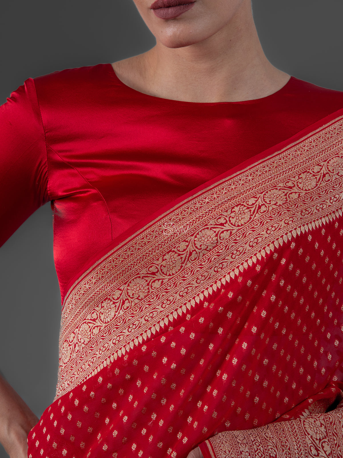 Red Booti Khaddi Georgette Handloom Banarasi Saree - Sacred Weaves