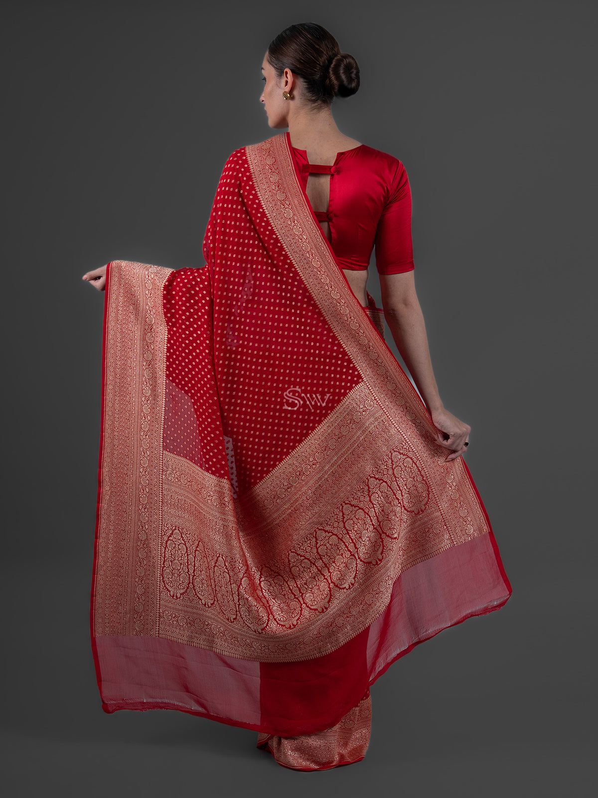 Red Booti Khaddi Georgette Handloom Banarasi Saree