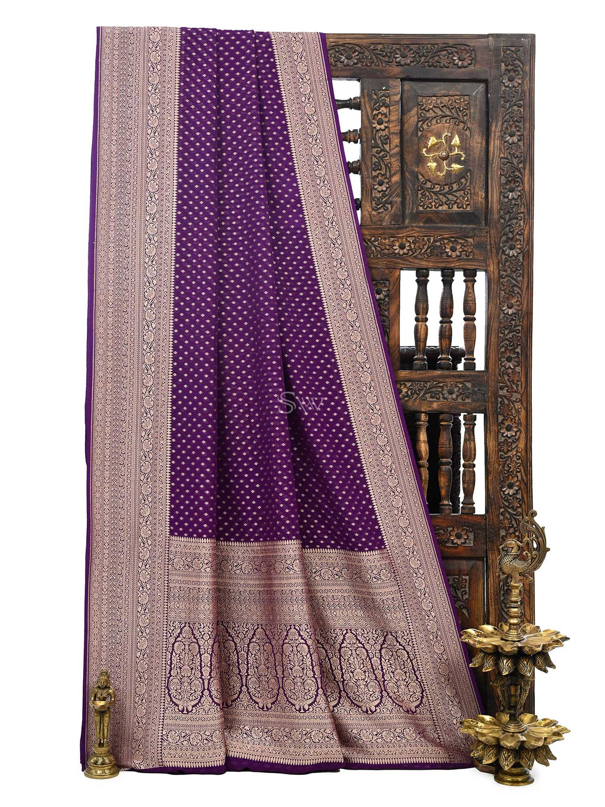 Purple Booti Khaddi Georgette Handloom Banarasi Saree - Sacred Weaves