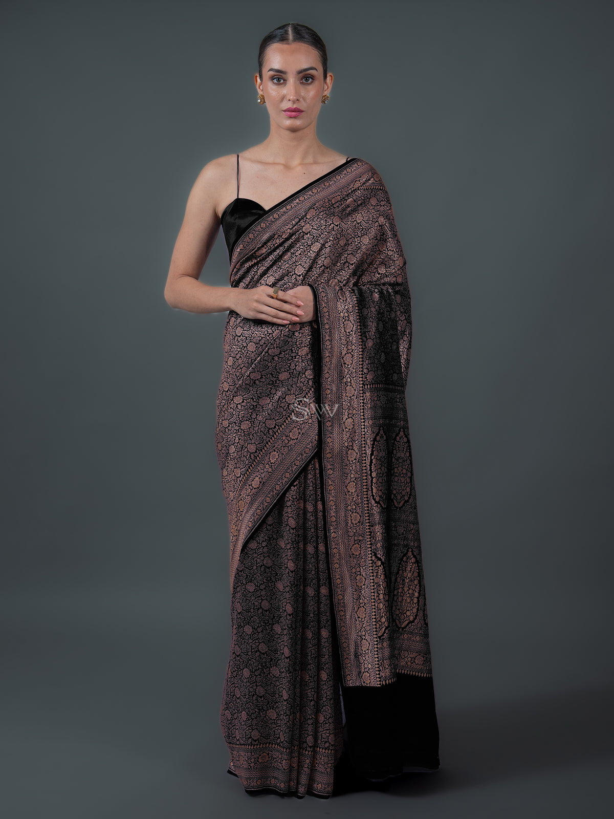 Black Jaal Crepe Silk Handloom Banarasi Saree - Sacred Weaves