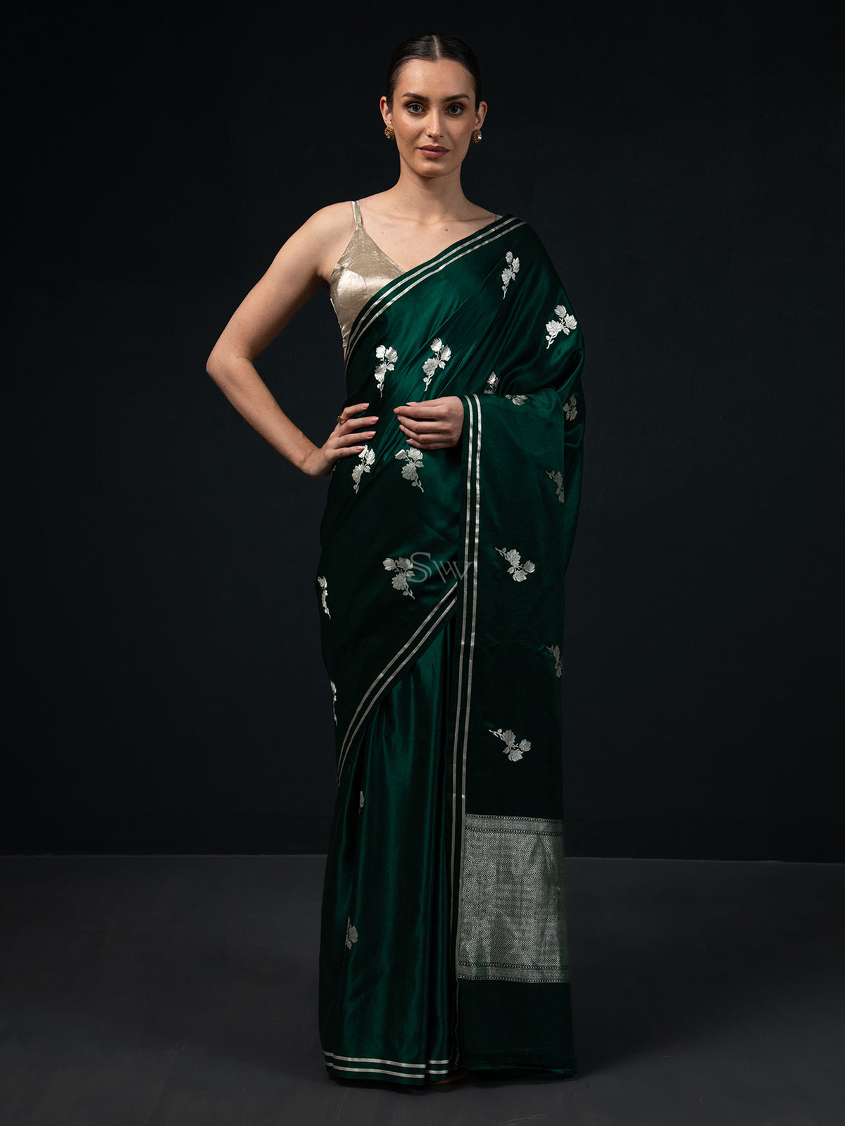 Bottle Green Boota Satin Silk Handloom Banarasi Saree - Sacred Weaves