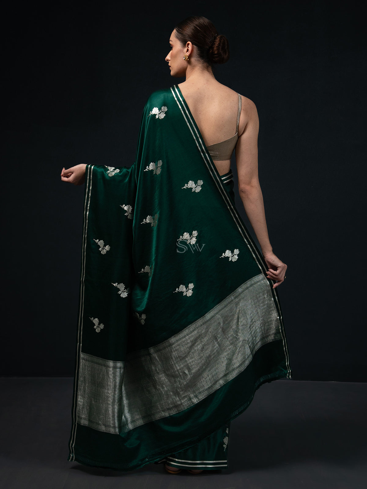 Bottle Green Boota Satin Silk Handloom Banarasi Saree - Sacred Weaves