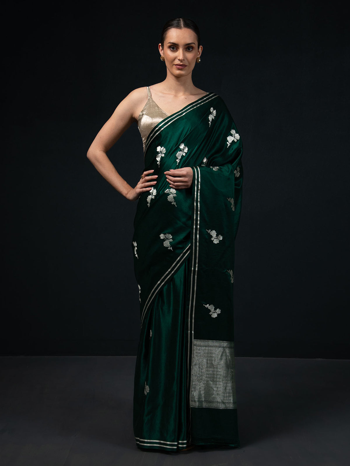 Bottle Green Boota Satin Silk Handloom Banarasi Saree