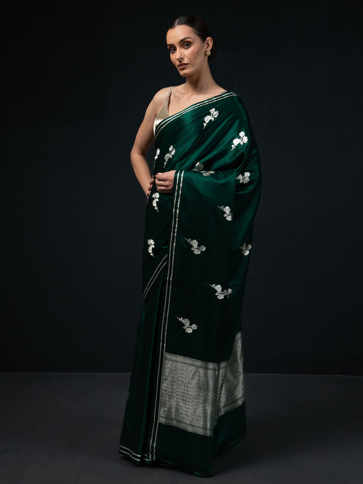 Bottle Green Boota Satin Silk Handloom Banarasi Saree