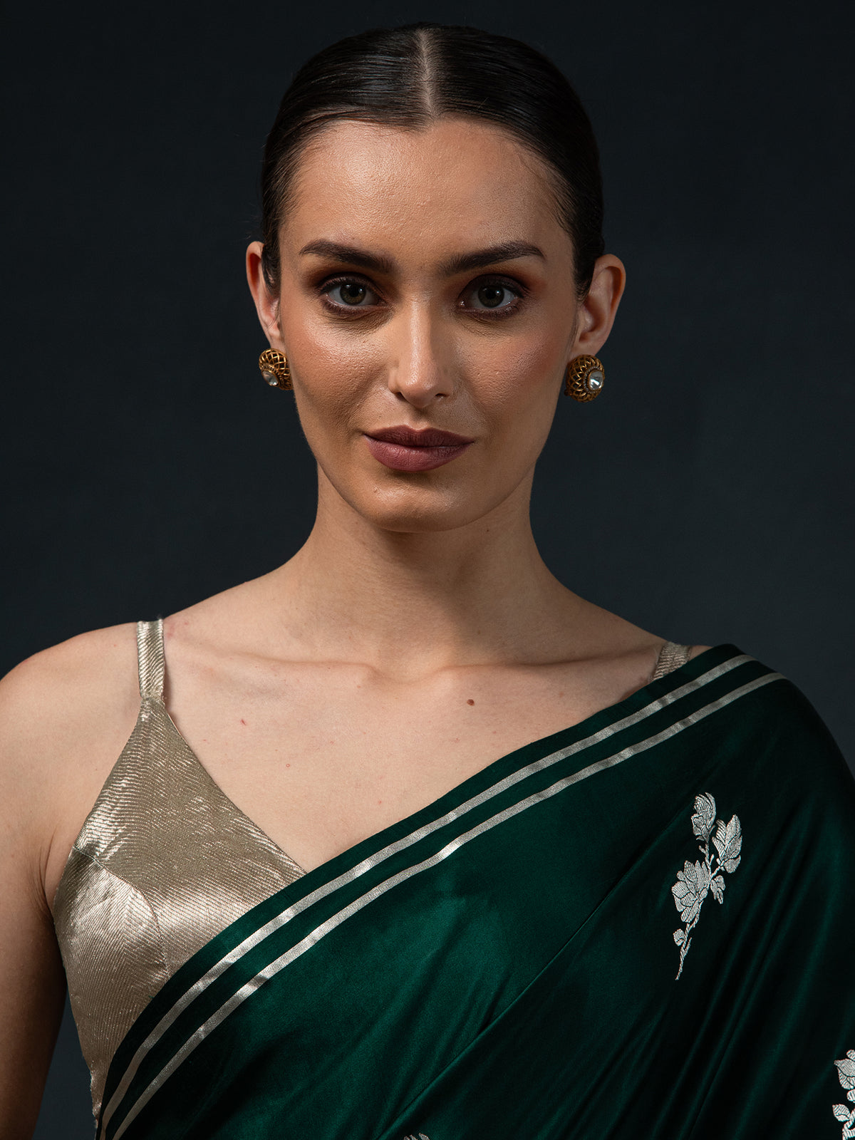 Bottle Green Boota Satin Silk Handloom Banarasi Saree