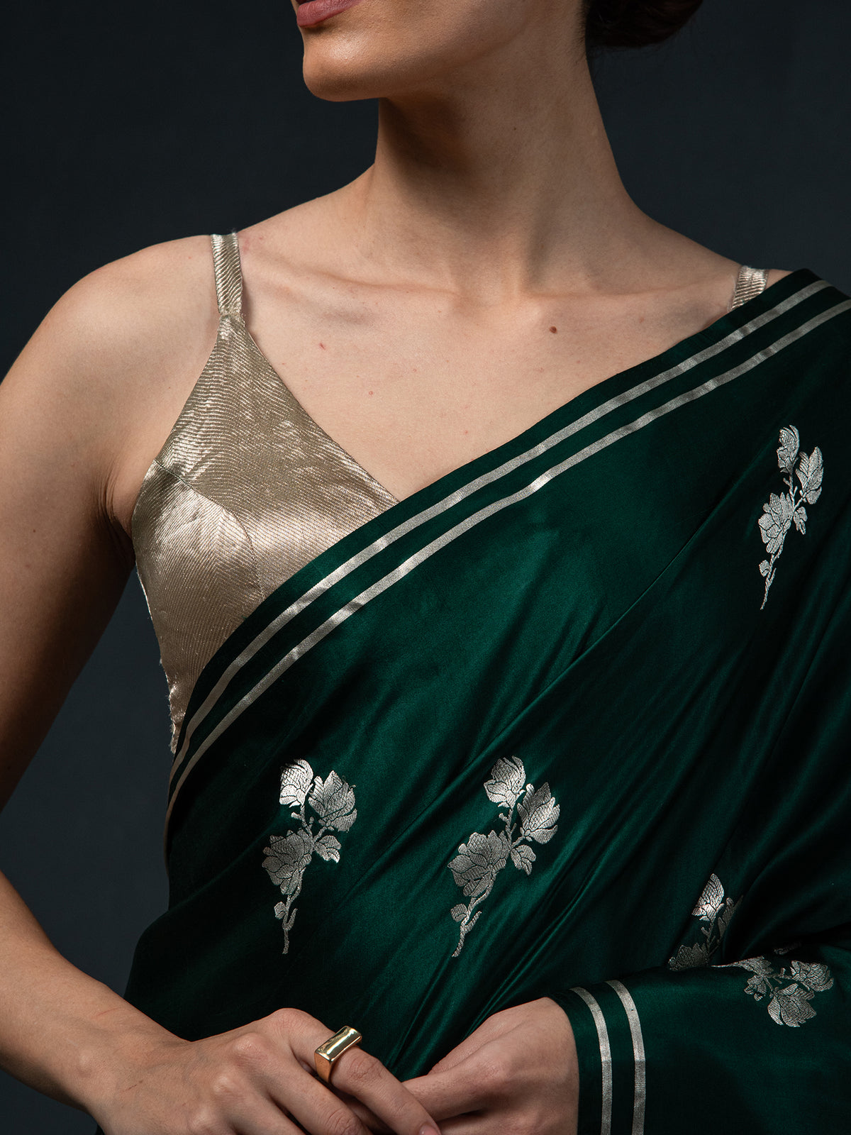 Bottle Green Boota Satin Silk Handloom Banarasi Saree