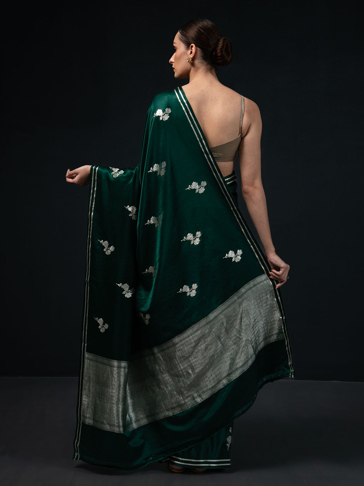 Bottle Green Boota Satin Silk Handloom Banarasi Saree