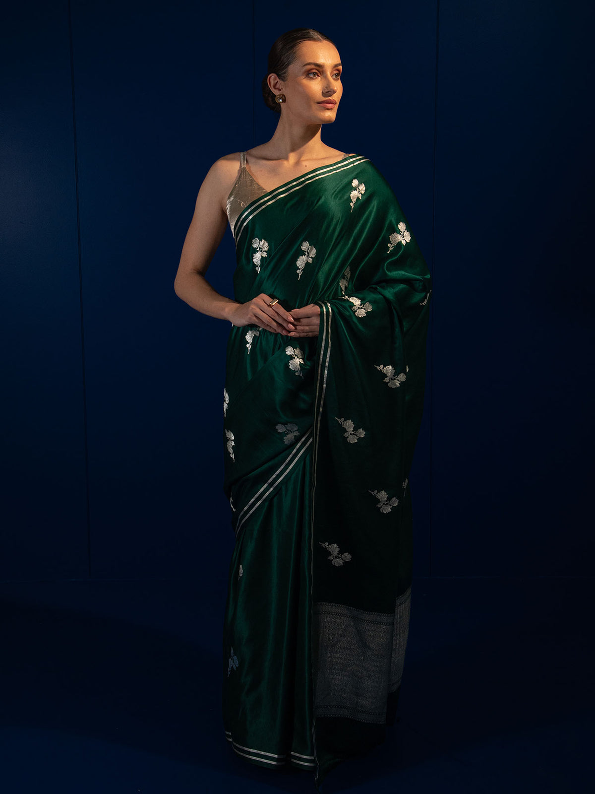 Bottle Green Boota Satin Silk Handloom Banarasi Saree