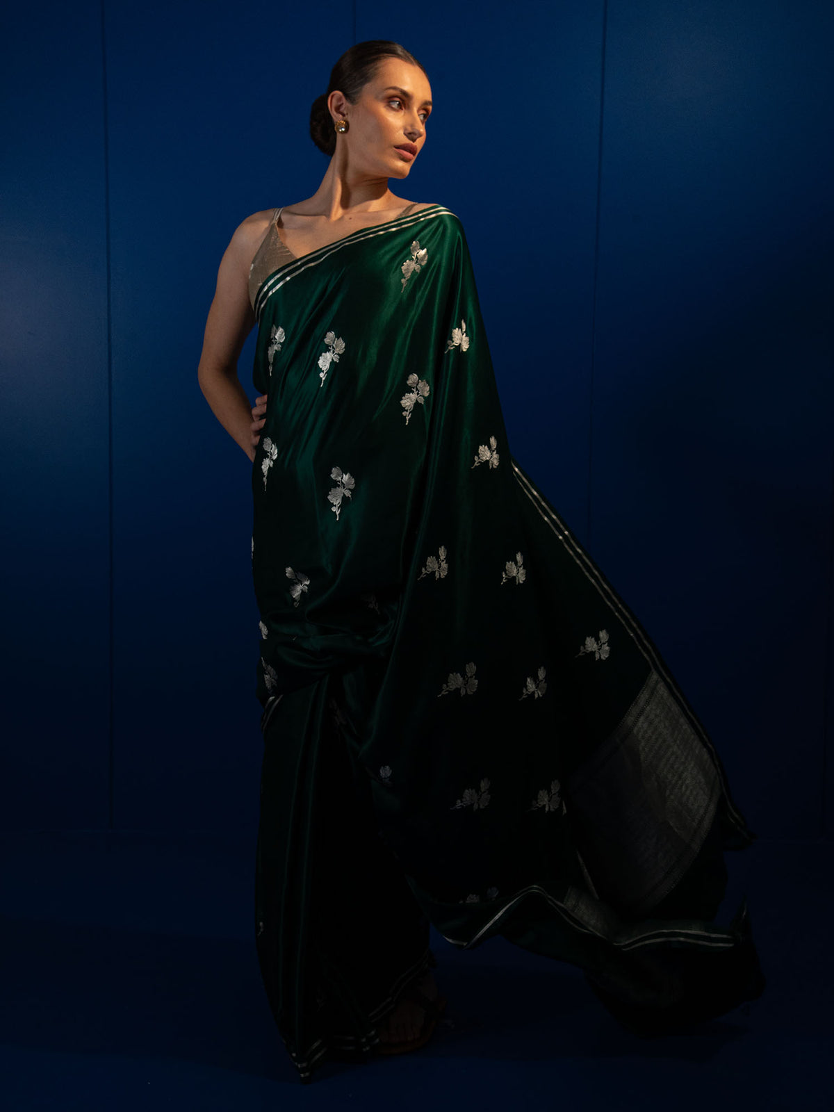 Bottle Green Boota Satin Silk Handloom Banarasi Saree