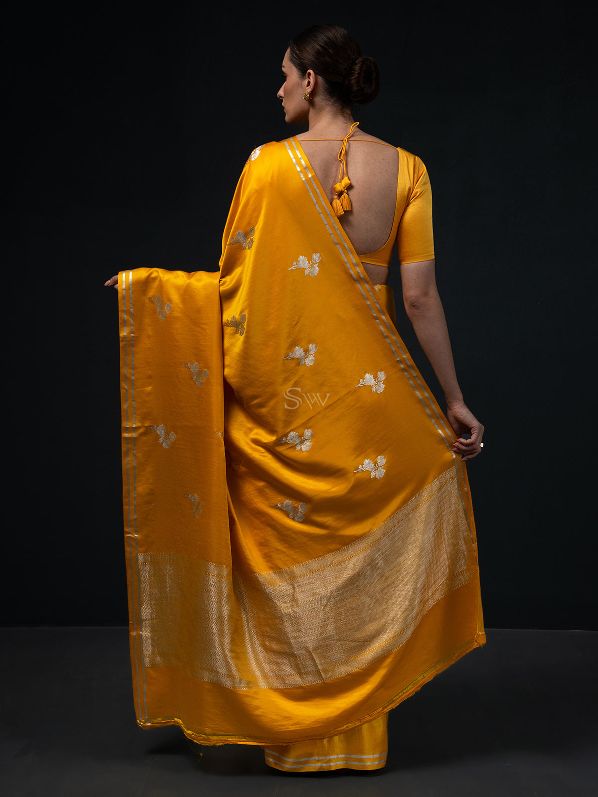 Mustard Boota Satin Silk Handloom Banarasi Saree - Sacred Weaves