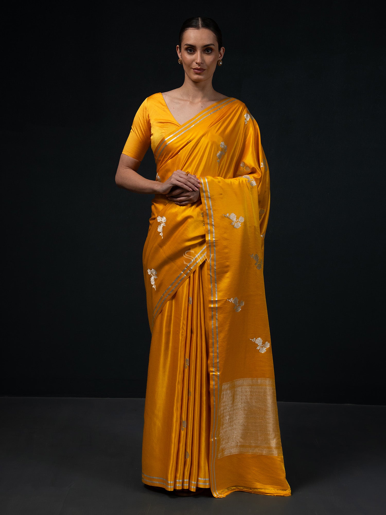 Mustard Boota Satin Silk Handloom Banarasi Saree - Sacred Weaves