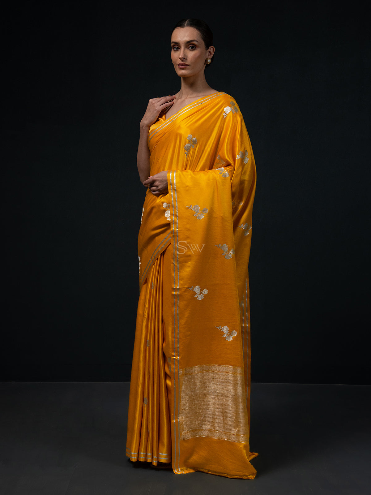 Mustard Boota Satin Silk Handloom Banarasi Saree - Sacred Weaves