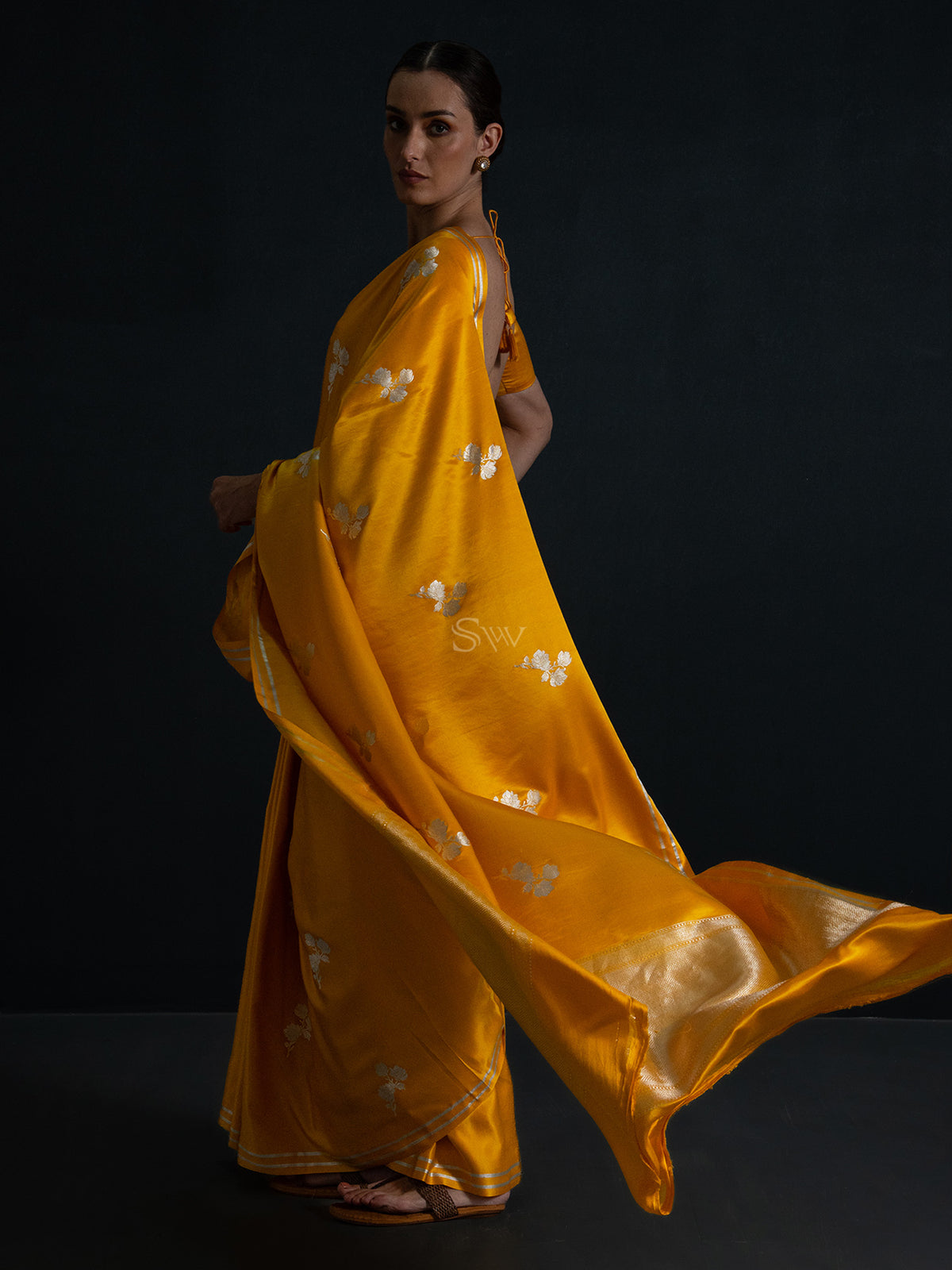 Mustard Boota Satin Silk Handloom Banarasi Saree - Sacred Weaves