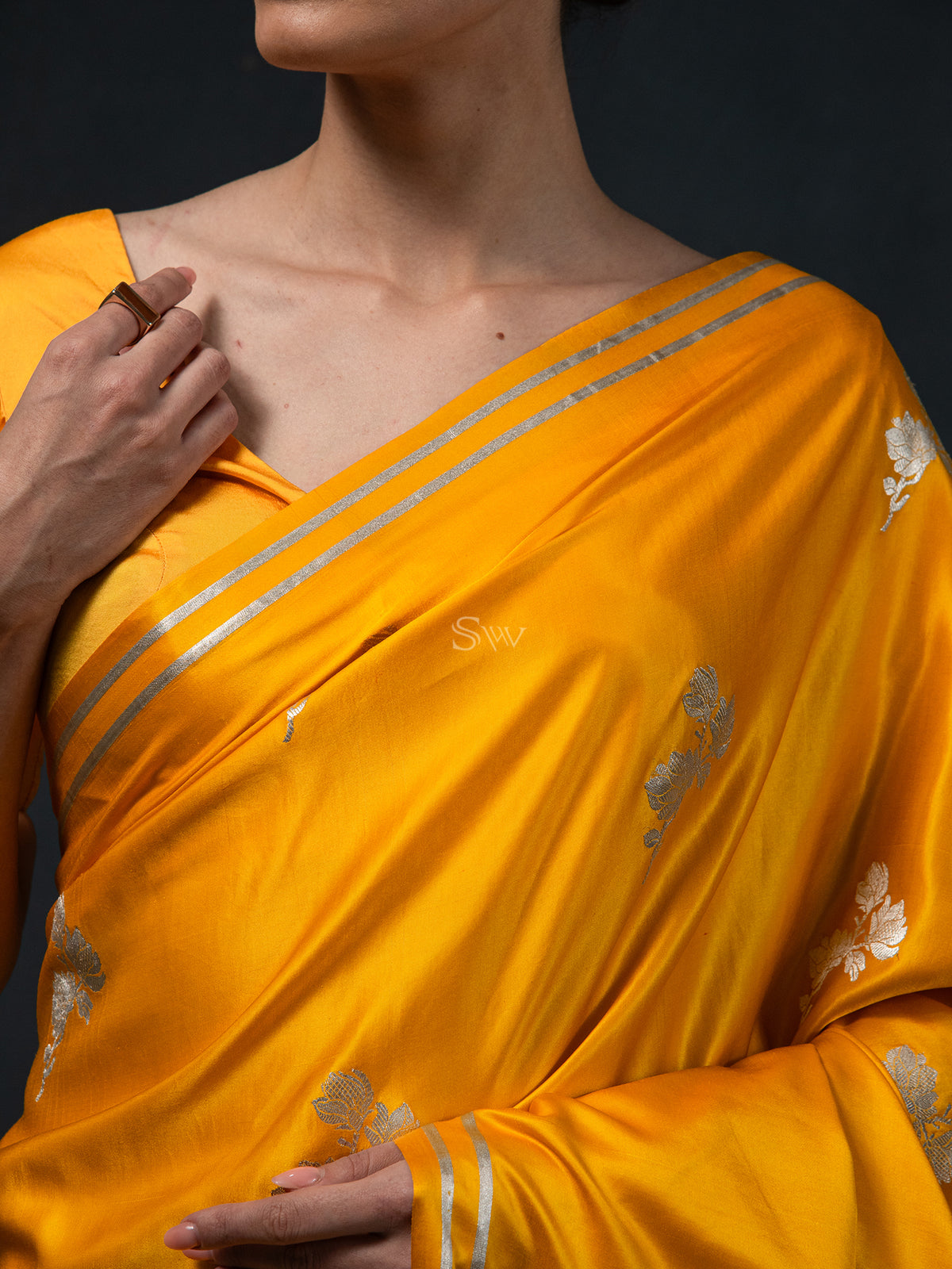 Mustard Boota Satin Silk Handloom Banarasi Saree - Sacred Weaves