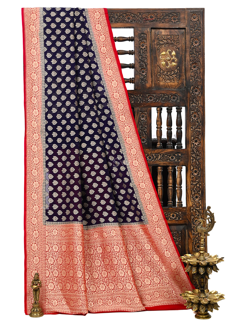 Inky Blue Booti Khaddi Georgette Handloom Banarasi Saree - Sacred Weaves