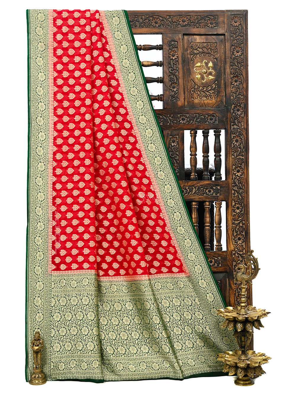 Red Booti Khaddi Georgette Handloom Banarasi Saree