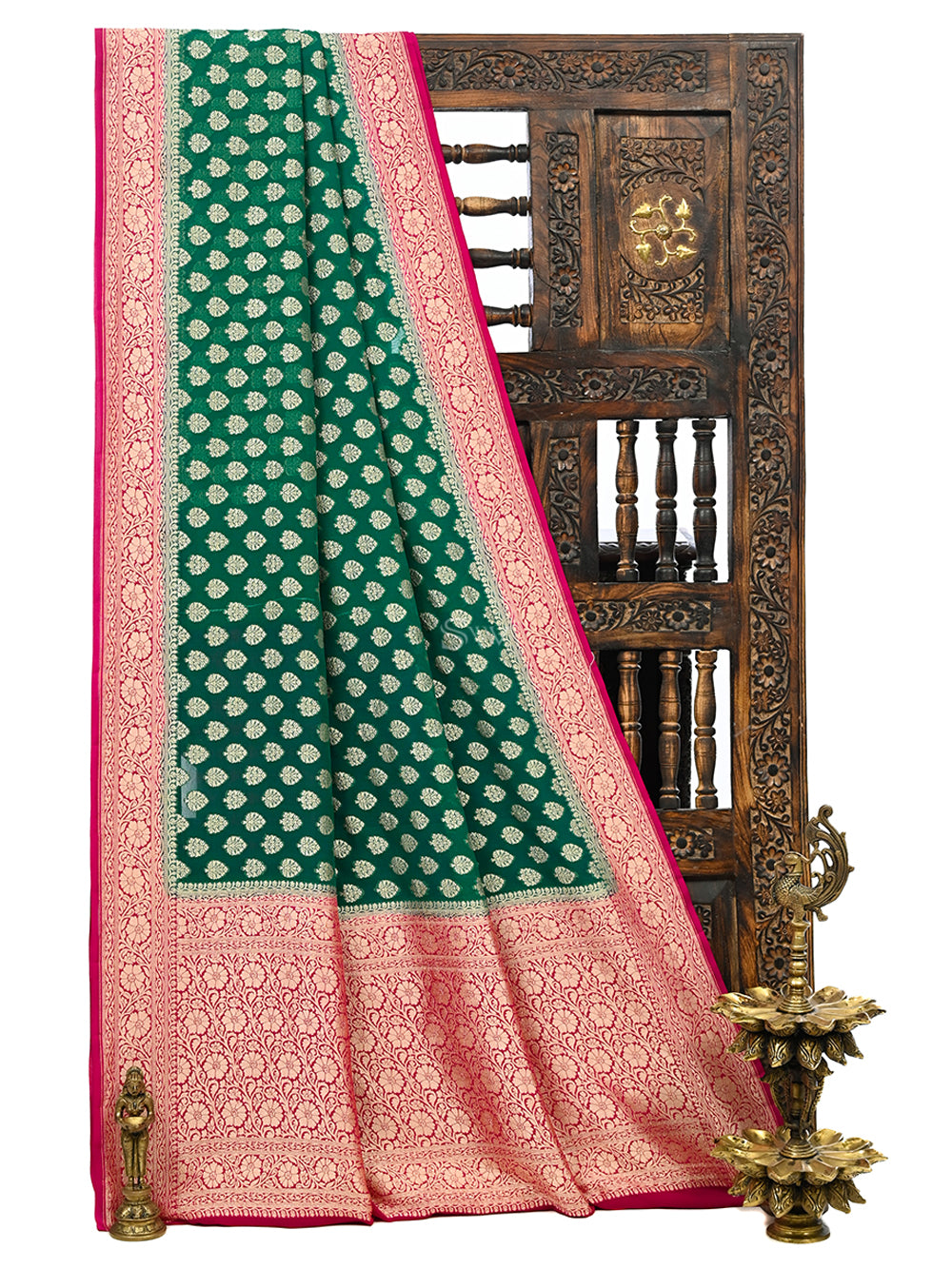 Bottle Green Booti Khaddi Georgette Handloom Banarasi Saree - Sacred Weaves