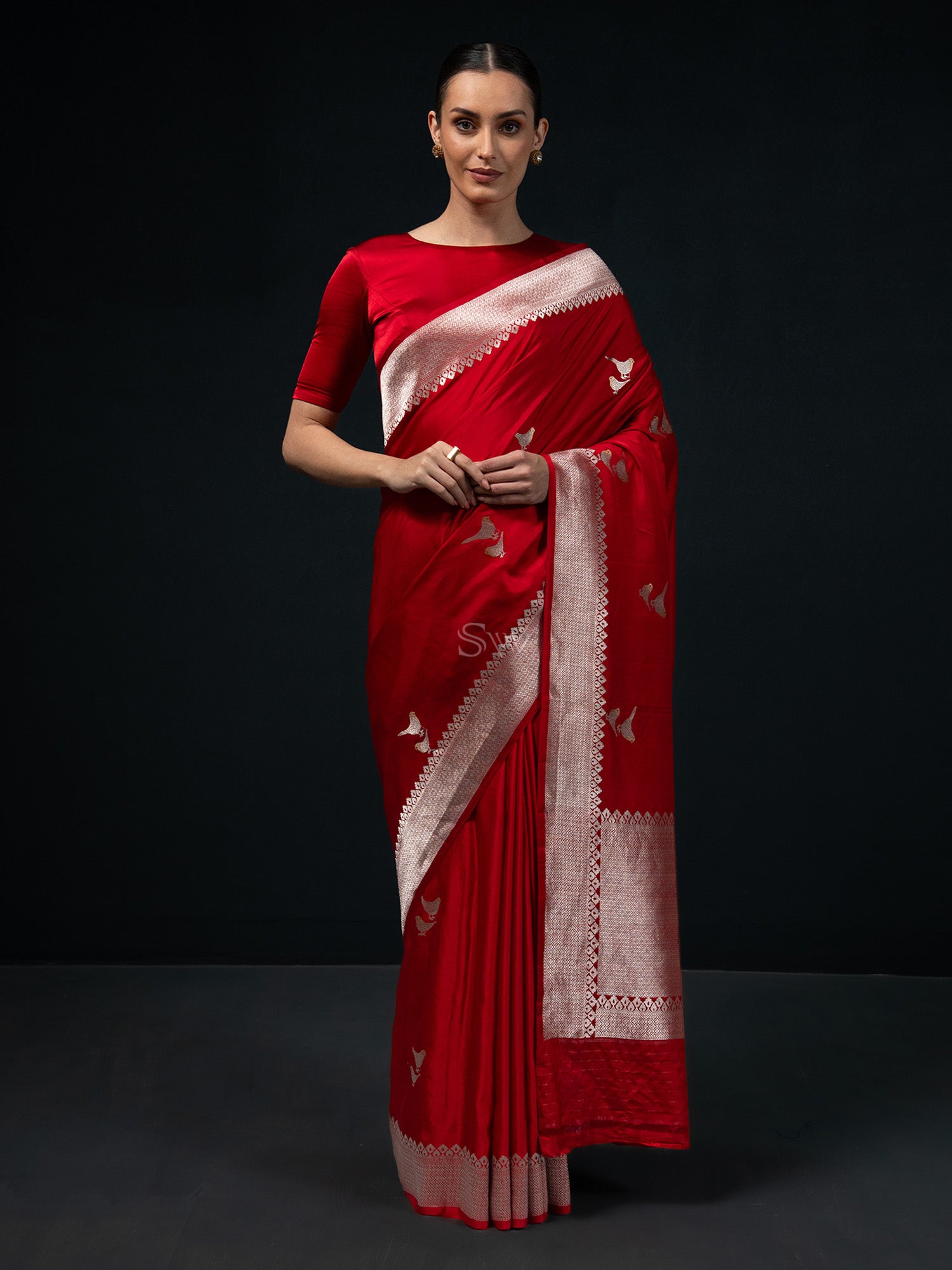 Red Shikargah Boota Satin Silk Handloom Banarasi Saree - Sacred Weaves