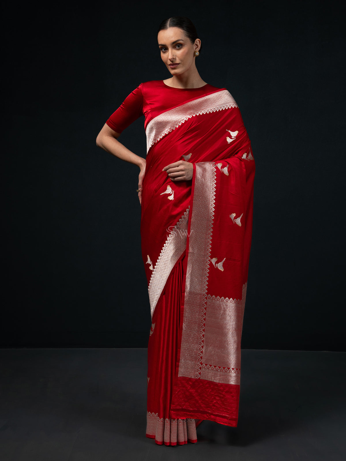 Red Shikargah Boota Satin Silk Handloom Banarasi Saree - Sacred Weaves