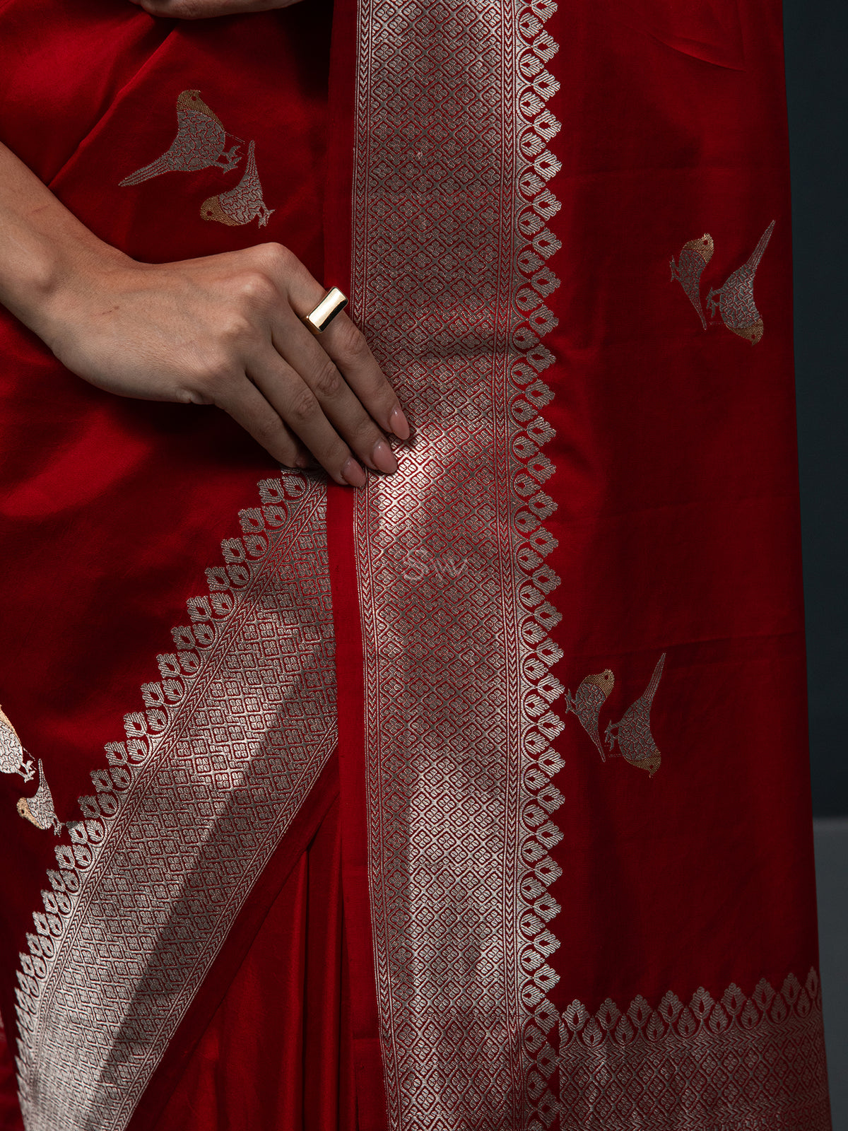 Red Shikargah Boota Satin Silk Handloom Banarasi Saree - Sacred Weaves