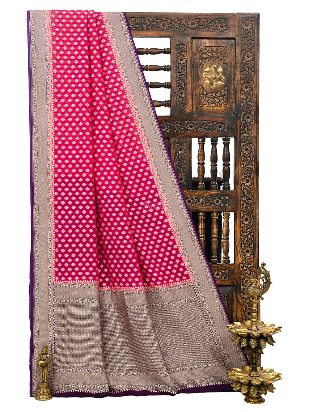 Dark Pink Booti Khaddi Georgette Handloom Banarasi Saree - Sacred Weaves