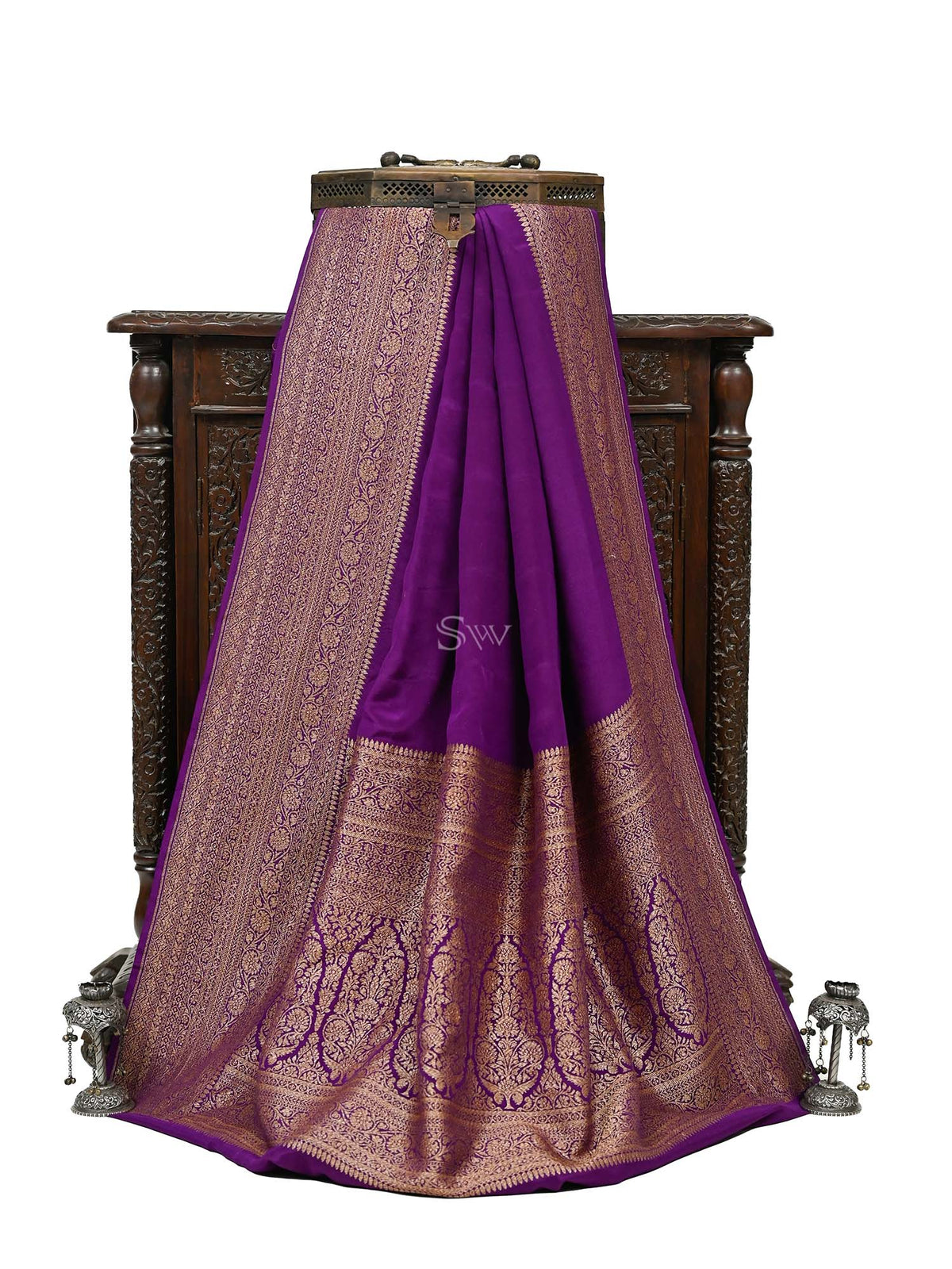 Purple Plain Crepe Silk Handloom Banarasi Saree - Sacred Weaves