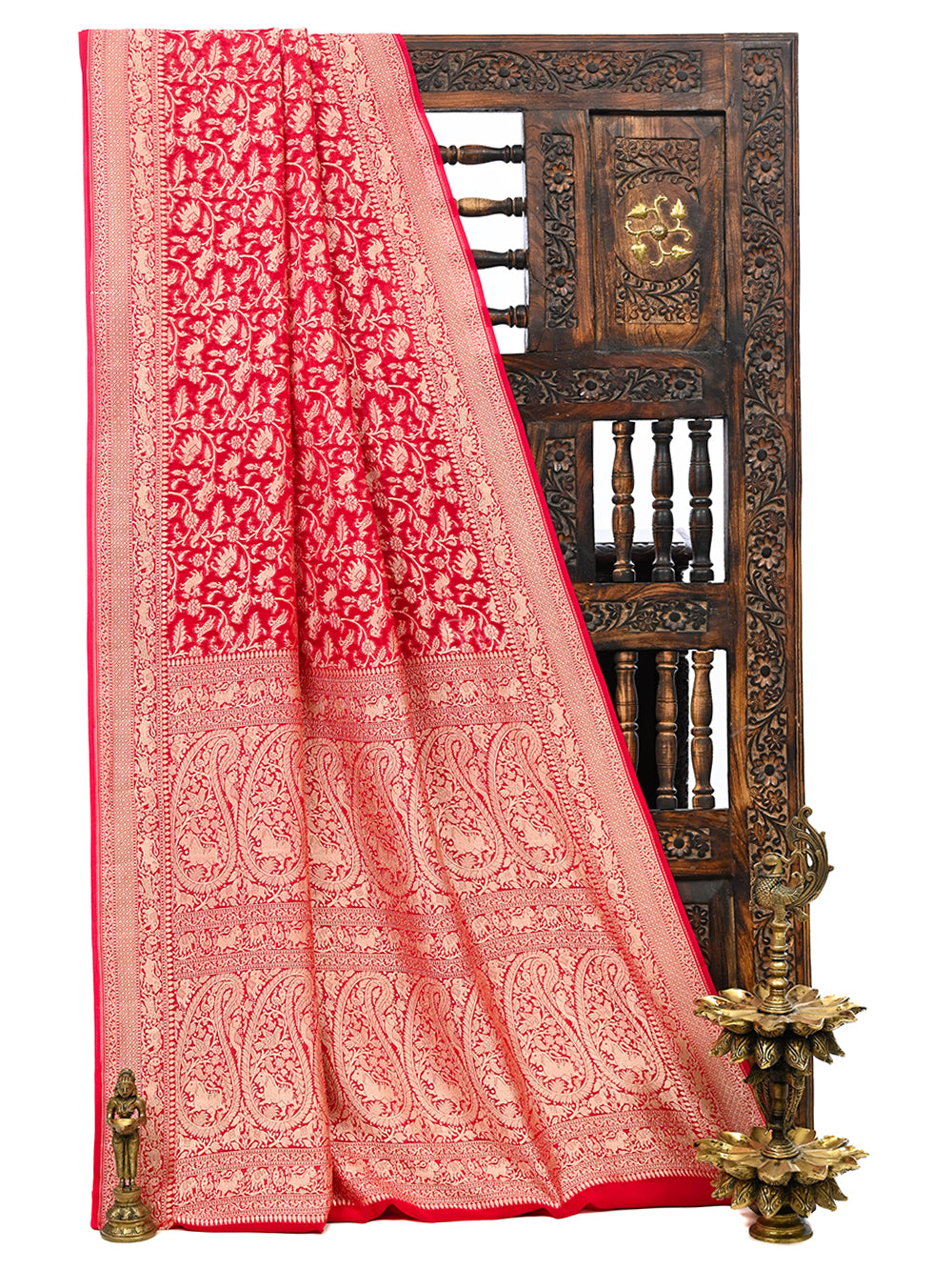 Dark Pink Shikargah Khaddi Georgette Handloom Banarasi Saree - Sacred Weaves