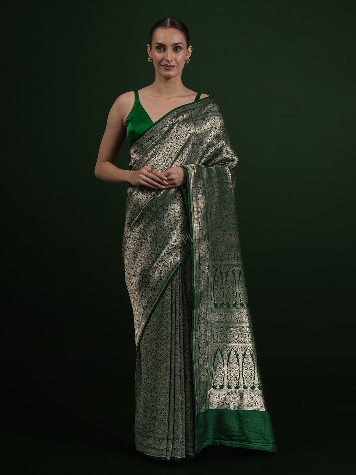 Bottle Green Katan Silk Brocade Handloom Banarasi Saree - Sacred Weaves