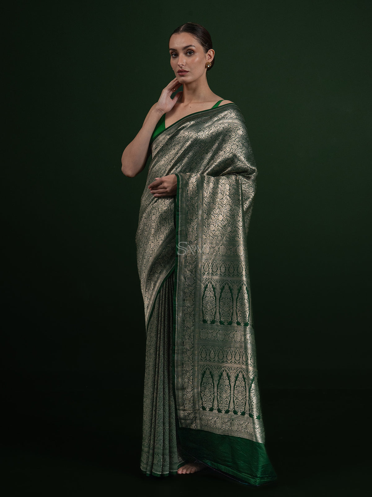 Bottle Green Katan Silk Brocade Handloom Banarasi Saree - Sacred Weaves