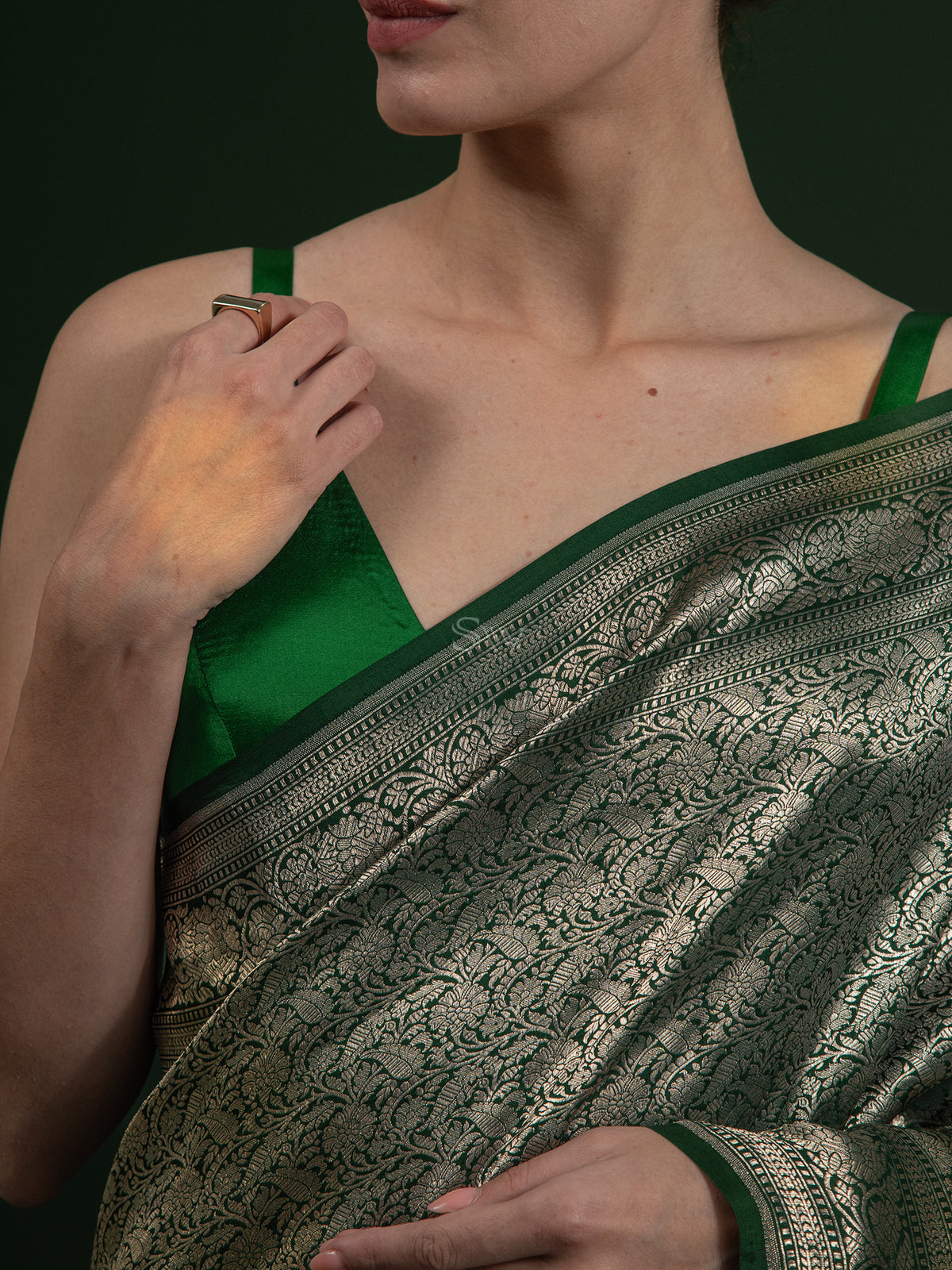 Bottle Green Katan Silk Brocade Handloom Banarasi Saree - Sacred Weaves