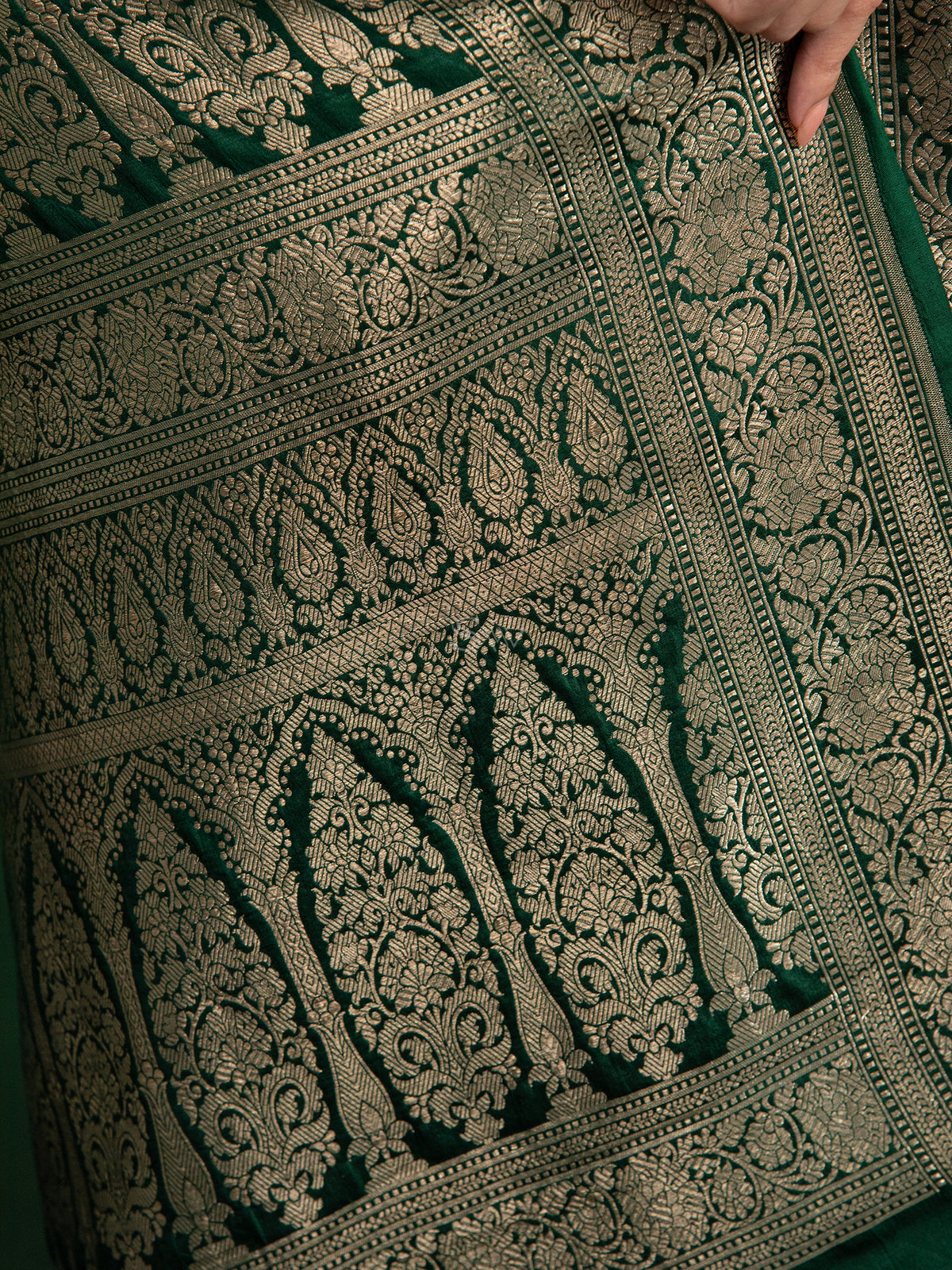 Bottle Green Katan Silk Brocade Handloom Banarasi Saree - Sacred Weaves