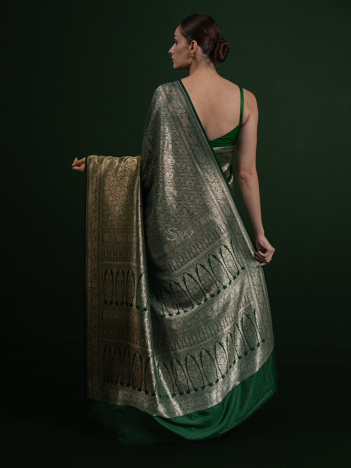 Bottle Green Katan Silk Brocade Handloom Banarasi Saree - Sacred Weaves