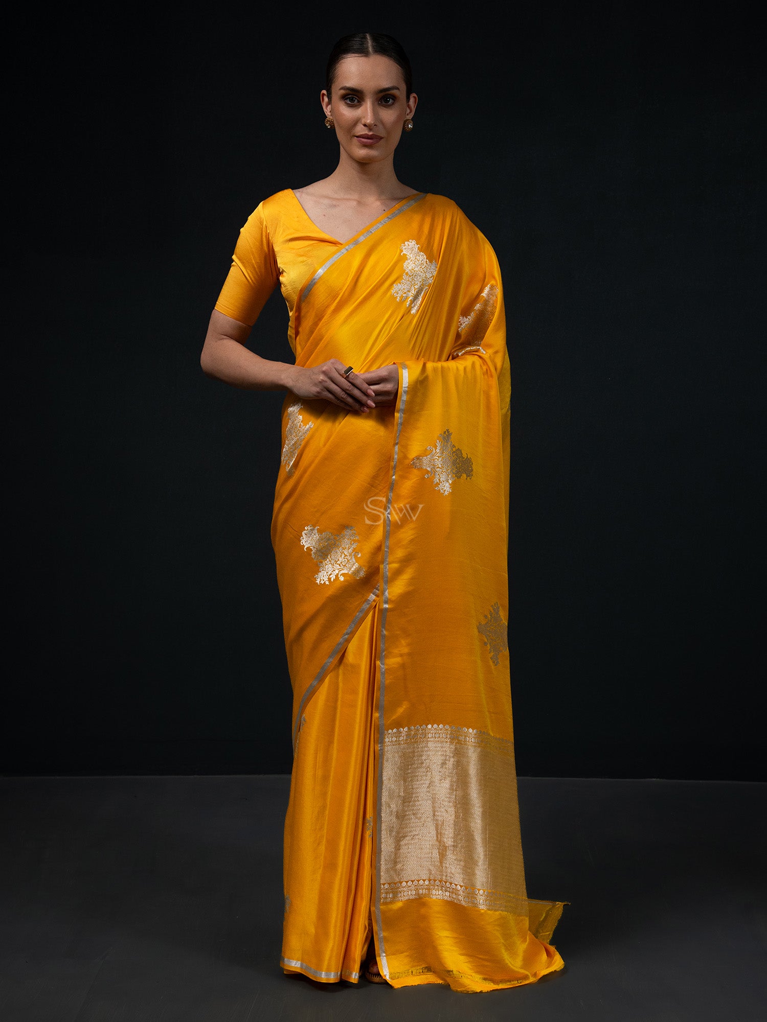 Bright Yellow Boota Satin Silk Handloom Banarasi Saree - Sacred Weaves