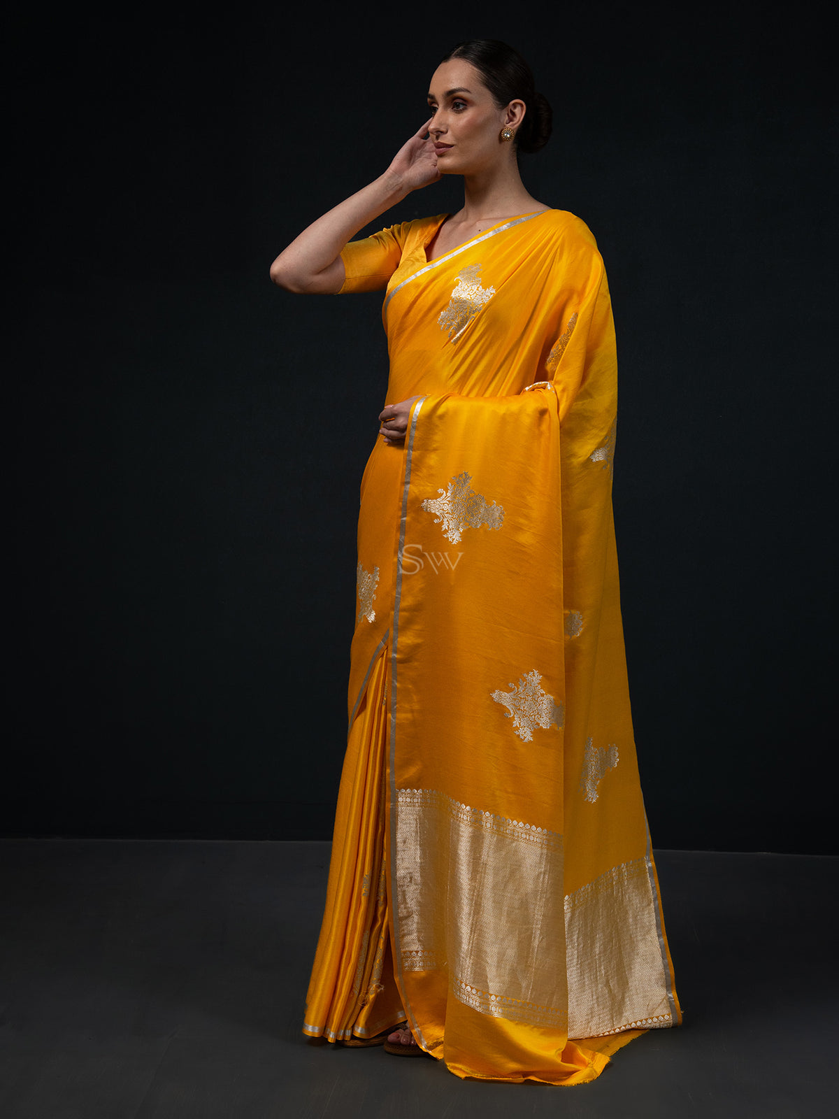 Bright Yellow Boota Satin Silk Handloom Banarasi Saree - Sacred Weaves