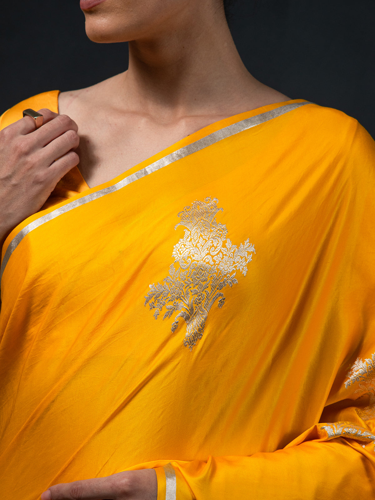 Bright Yellow Boota Satin Silk Handloom Banarasi Saree - Sacred Weaves