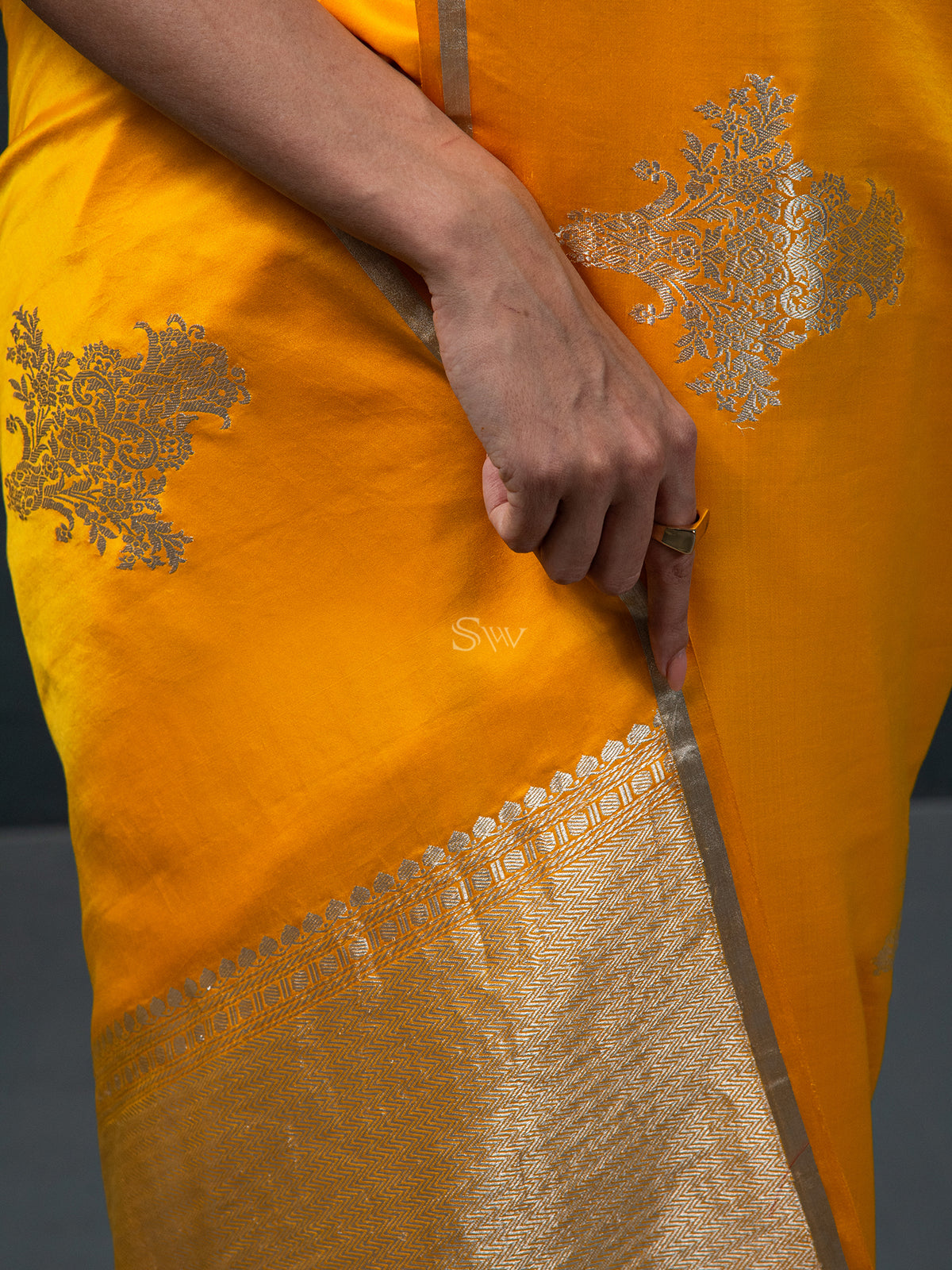 Bright Yellow Boota Satin Silk Handloom Banarasi Saree - Sacred Weaves