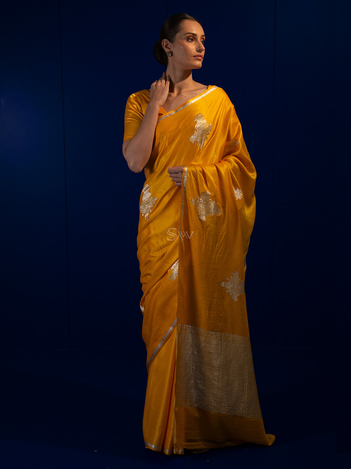 Bright Yellow Boota Satin Silk Handloom Banarasi Saree - Sacred Weaves