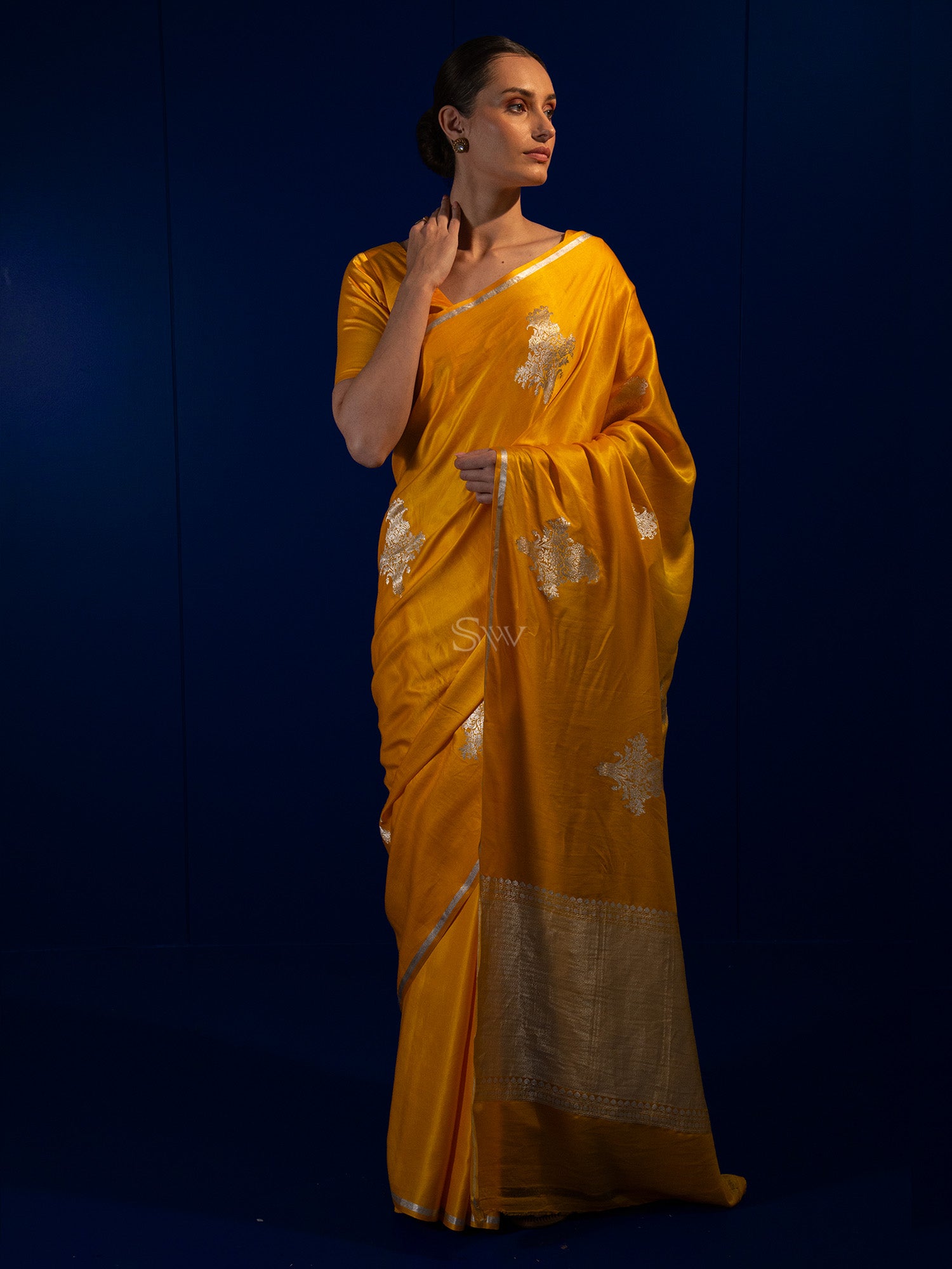 Bright Yellow Boota Satin Silk Handloom Banarasi Saree - Sacred Weaves