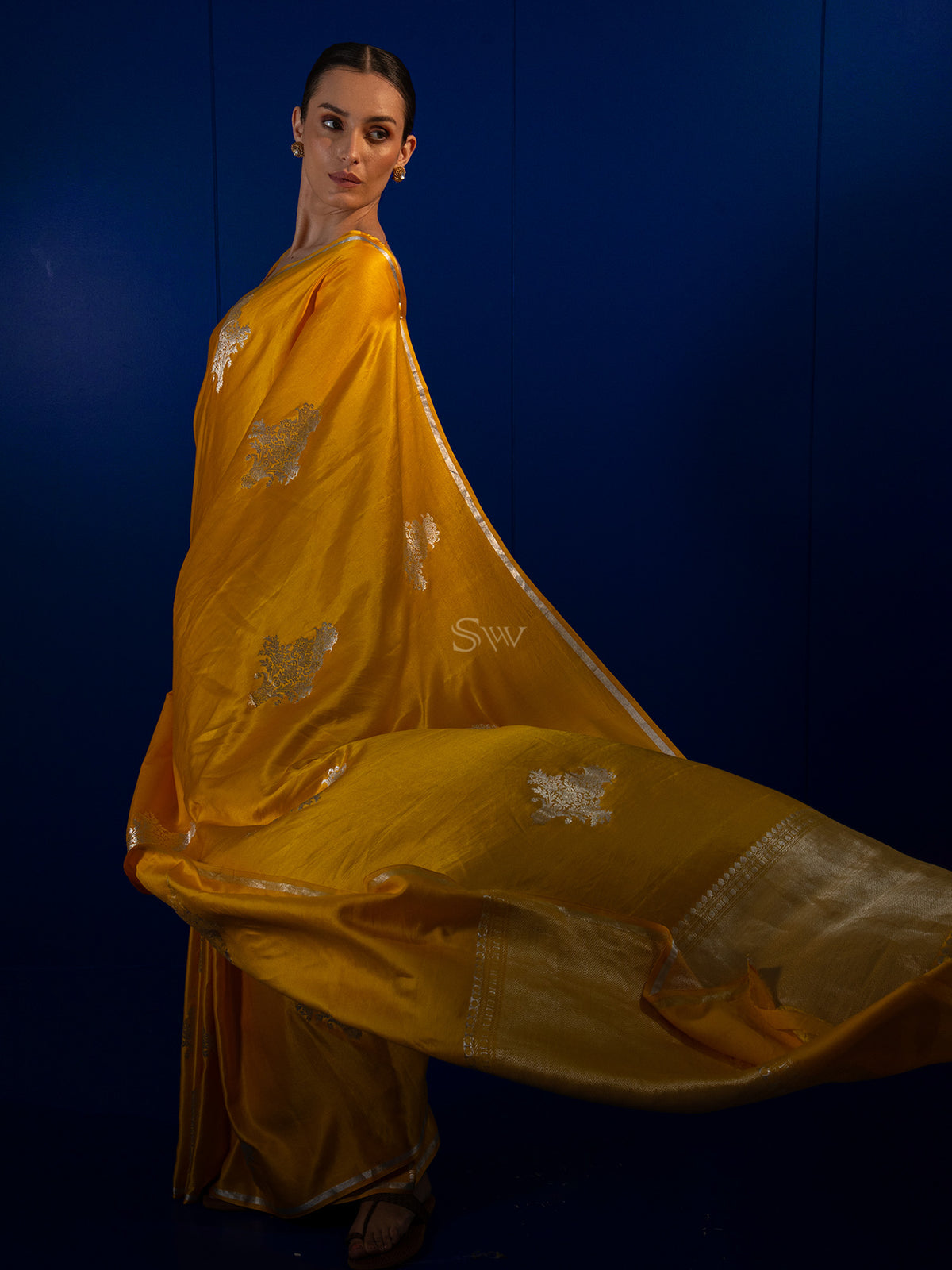 Bright Yellow Boota Satin Silk Handloom Banarasi Saree - Sacred Weaves