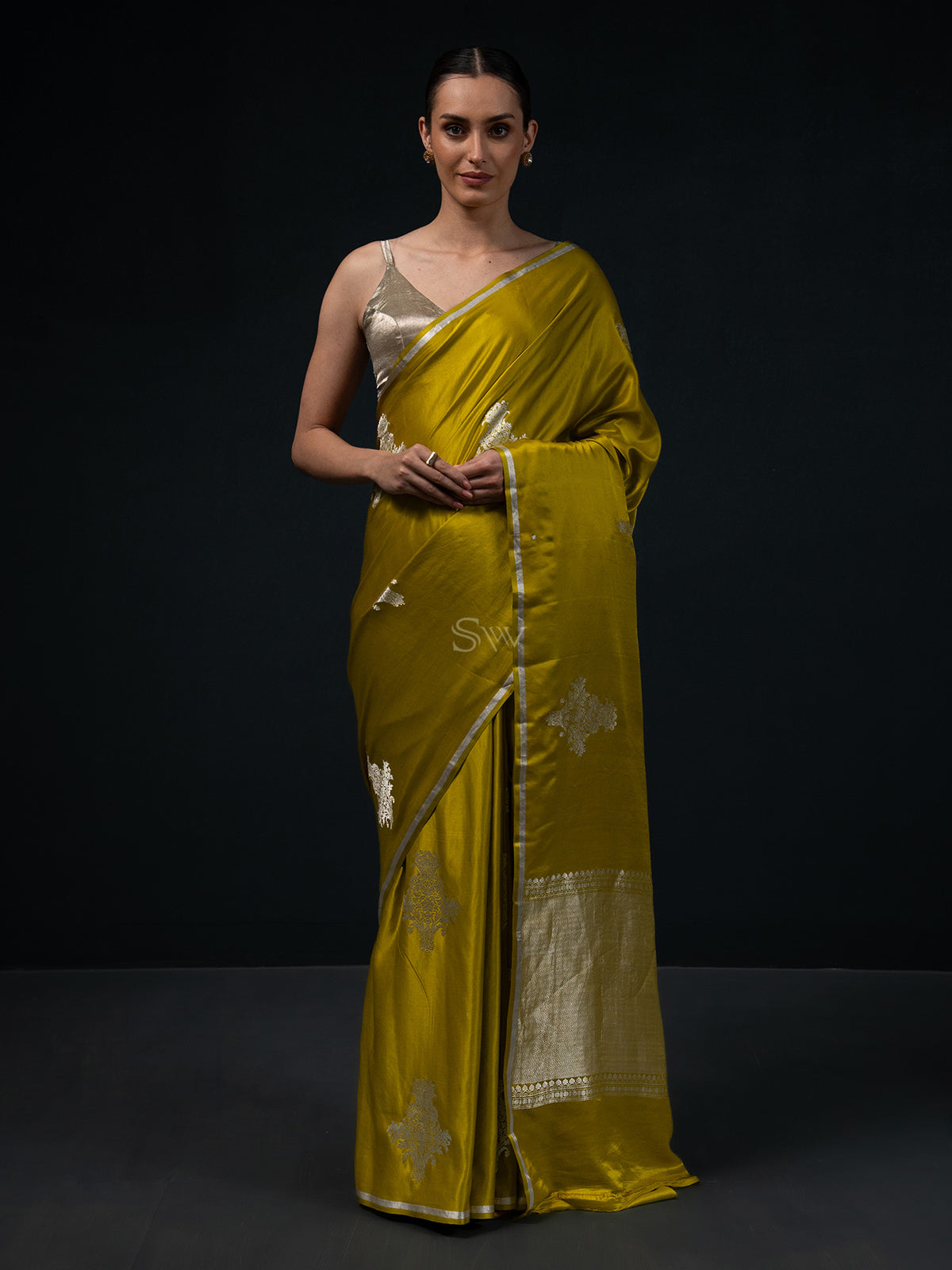 Yellow Green Boota Satin Silk Handloom Banarasi Saree - Sacred Weaves