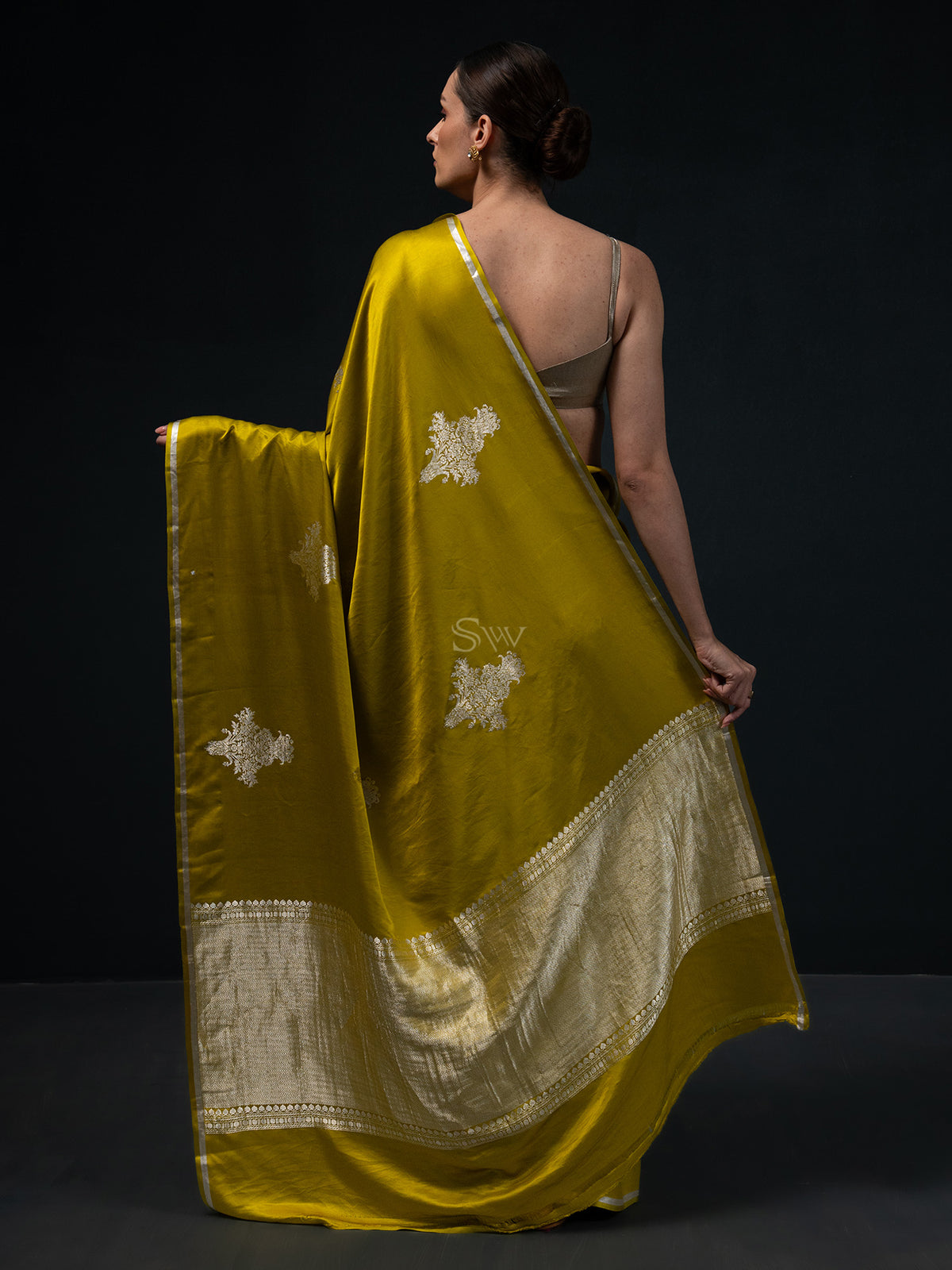 Yellow Green Boota Satin Silk Handloom Banarasi Saree - Sacred Weaves