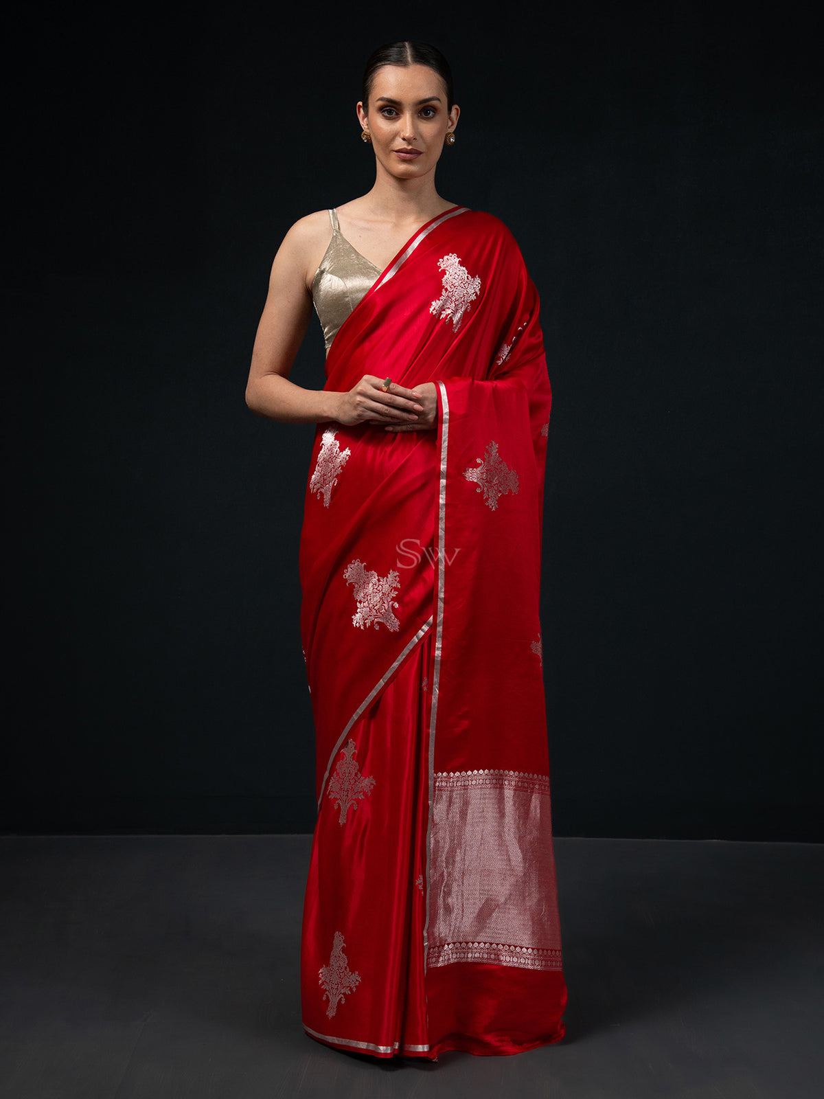 Red Boota Satin Silk Handloom Banarasi Saree - Sacred Weaves