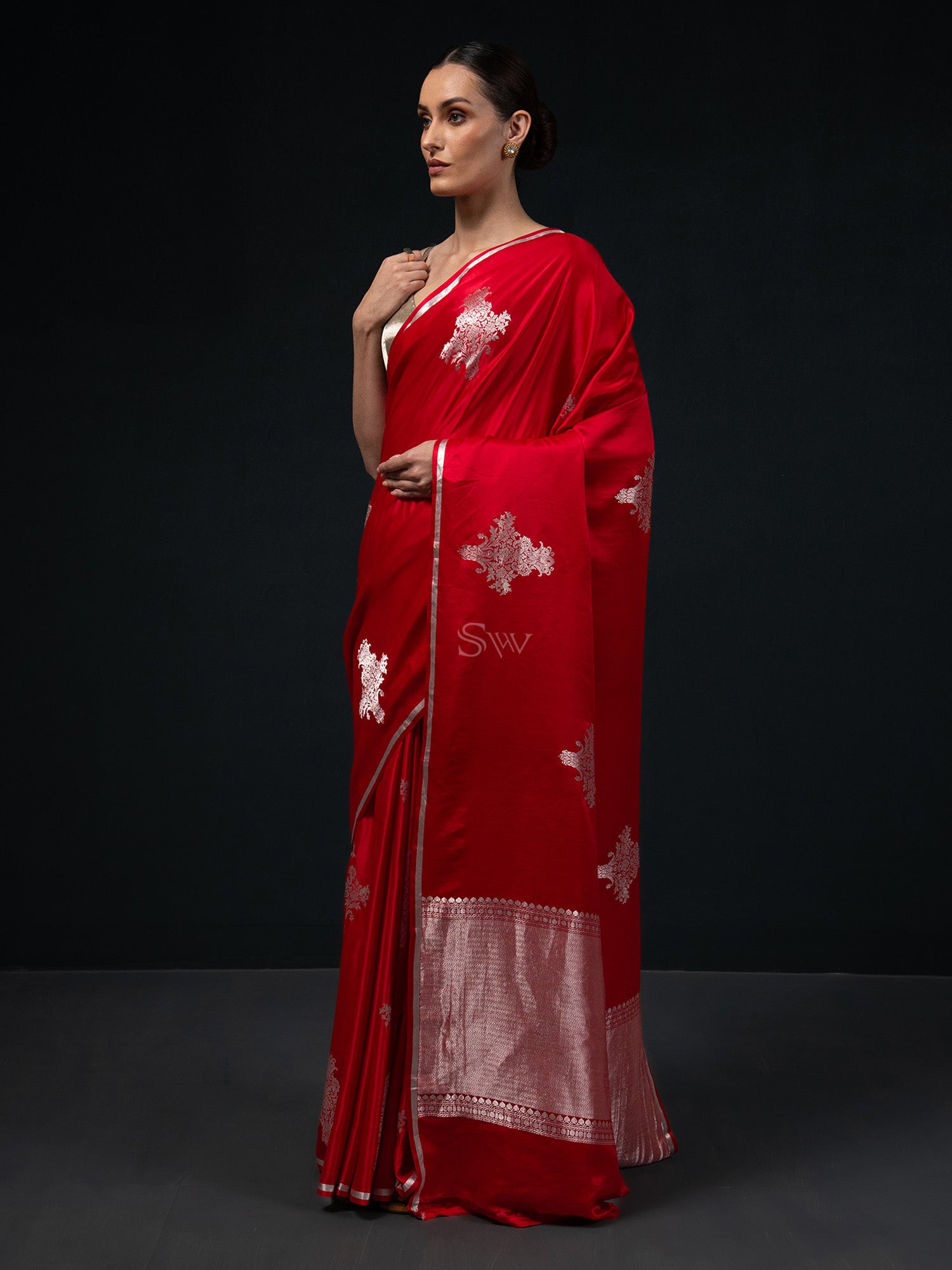 Red Boota Satin Silk Handloom Banarasi Saree - Sacred Weaves