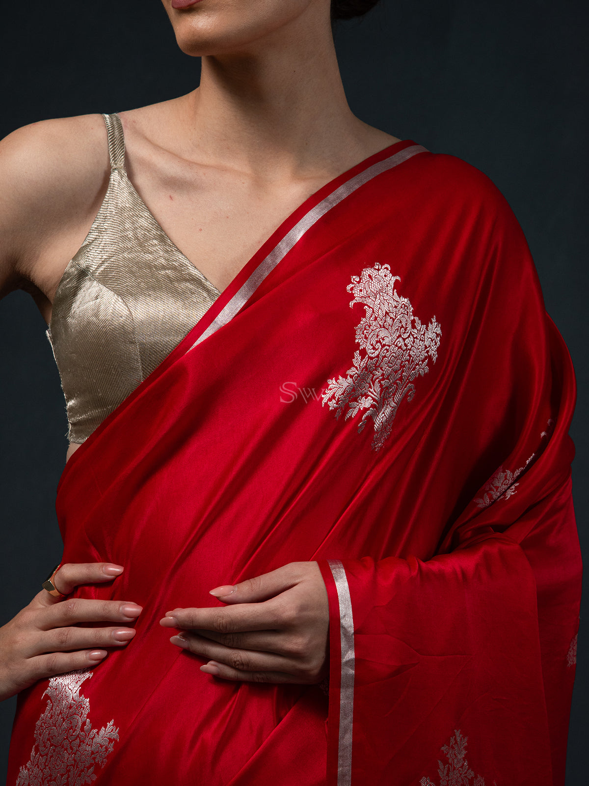 Red Boota Satin Silk Handloom Banarasi Saree - Sacred Weaves