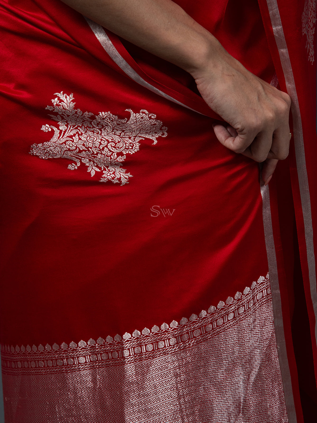 Red Boota Satin Silk Handloom Banarasi Saree - Sacred Weaves